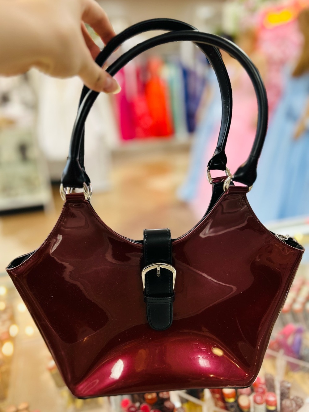 Beijo Burgundy Patent Shoulder Bag with Black Handles